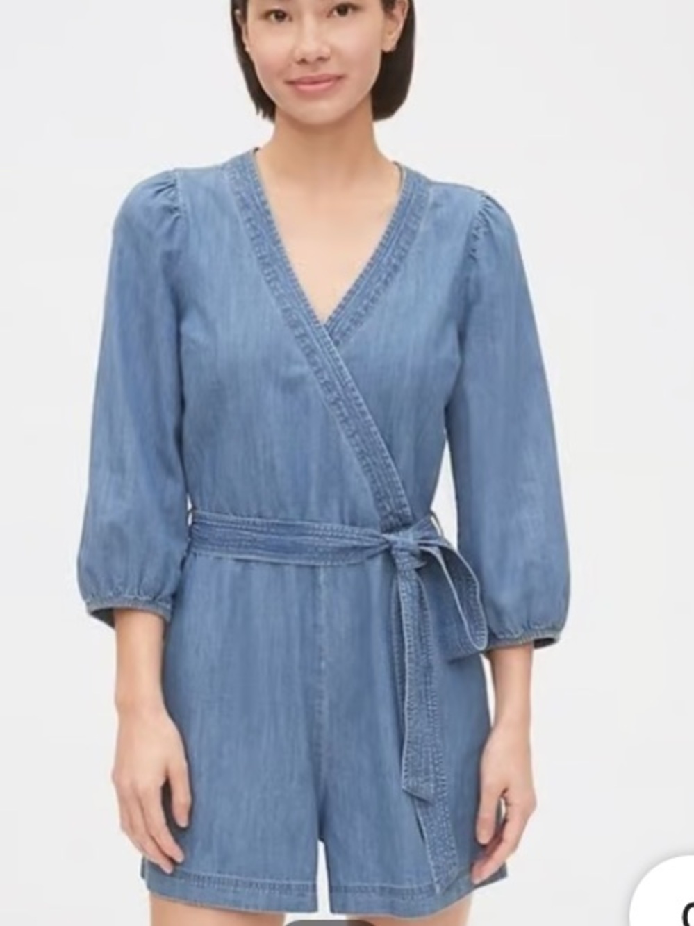 GAP denim puff sleeve v-neck romper  size 6 tall